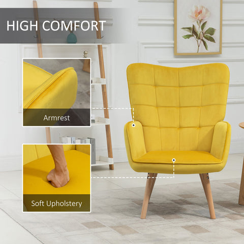 Bright yellow tufted wingback accent chair with wooden legs perfect for living room or leisure lounge seating