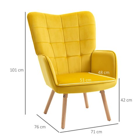 Bright yellow tufted wingback accent chair with velvet upholstery and wooden legs perfect for living room lounging