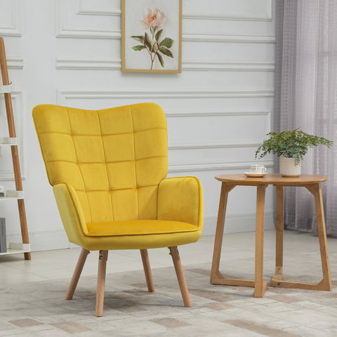 Bright yellow tufted wingback armchair with wooden legs perfect for living room or bedroom lounge seating