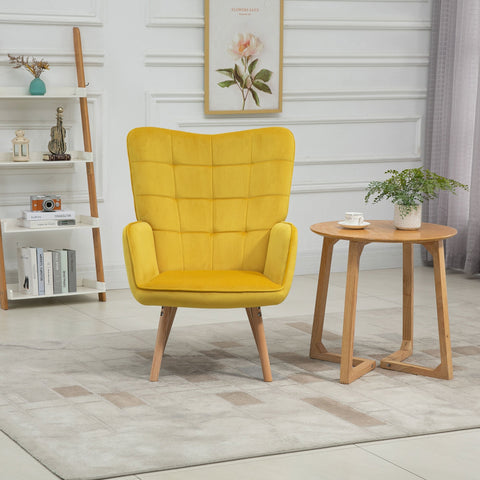 Bright yellow homcom modern accent chair with tufted wingback, seat padding, and wooden legs for living room use