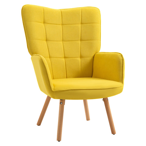 Bright yellow homcom modern accent chair with tufted wingback, seat padding, and wooden legs for living room use