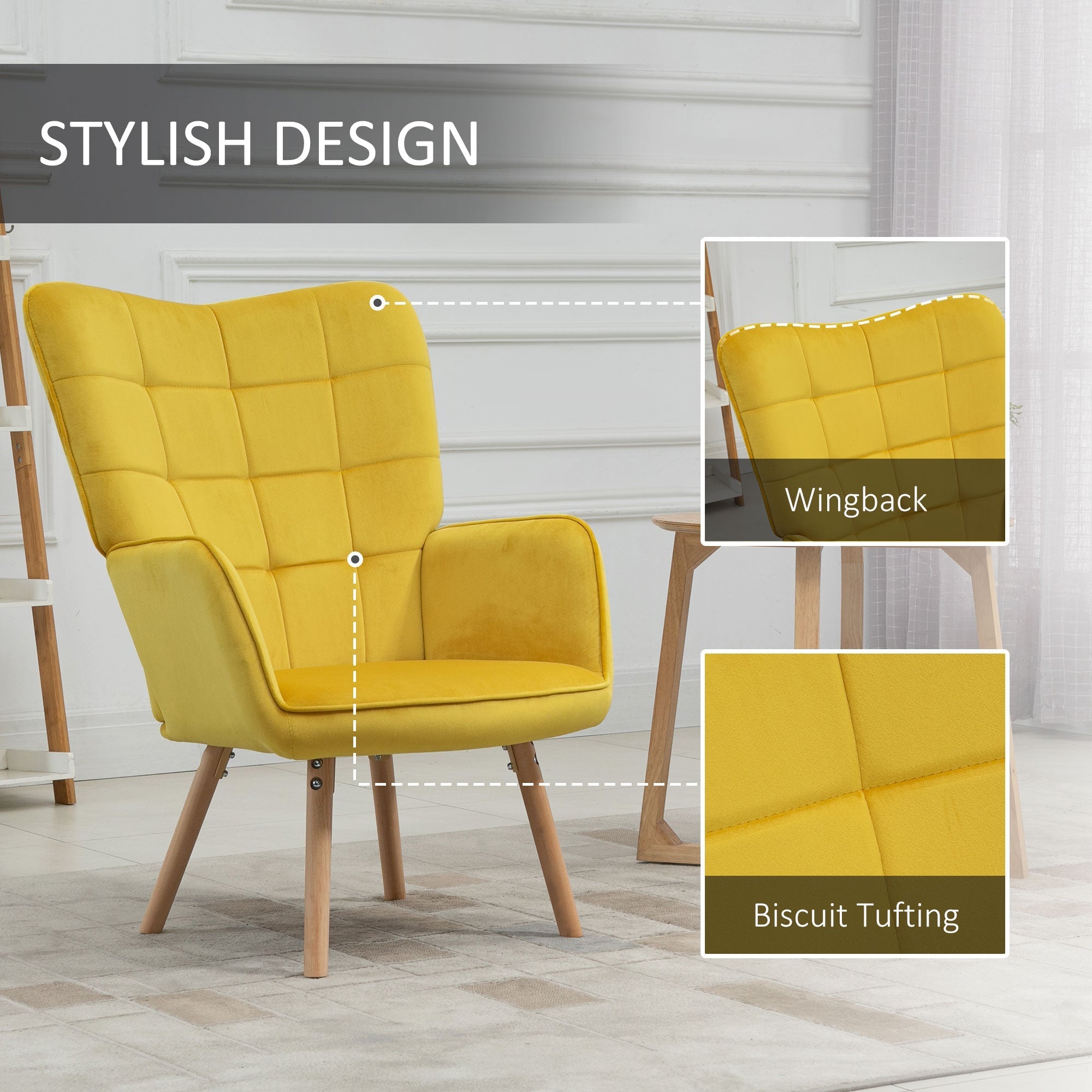 Bright yellow tufted wingback armchair with wooden legs perfect for living room or bedroom lounge comfort