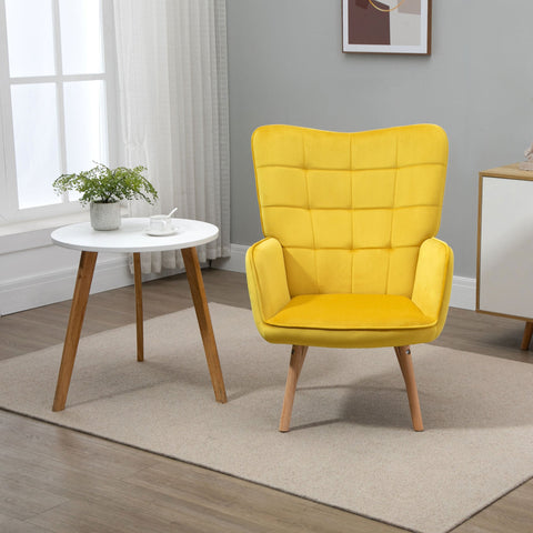 Bright yellow tufted wingback armchair with wooden legs perfect for living room or bedroom lounge seating