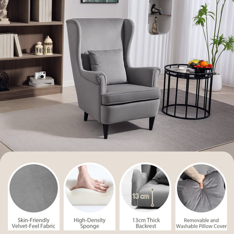 Gray wingback armchair with high wingback design velvet-feel fabric solid wood legs and washable pillow cover