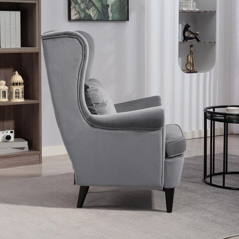 Gray velvet wingback armchair with high wingback design, washable pillow cover, and solid wood legs for living room use