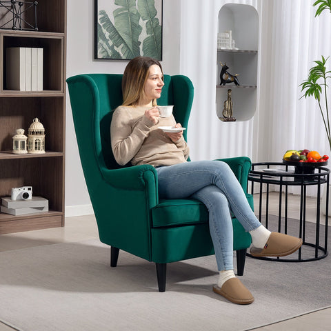 Emerald green velvet homcom wingback armchair with high wingback design, washable pillow cover, and solid wood legs