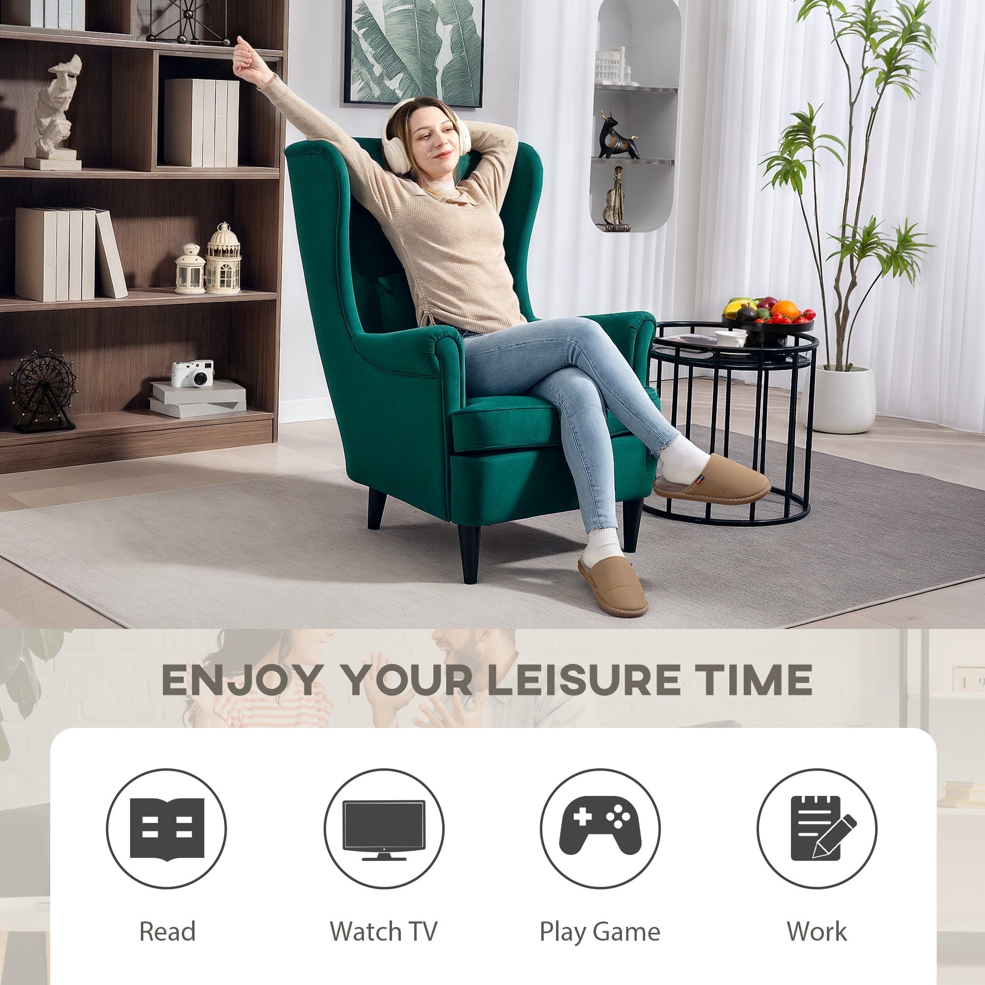 Emerald green velvet HOMCOM accent chair with high wingback design, washable pillow cover, and solid wood legs