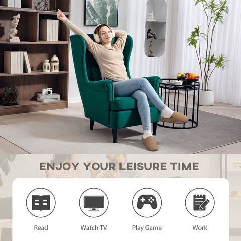 Emerald green velvet HOMCOM accent chair with high wingback design, washable pillow cover, and solid wood legs