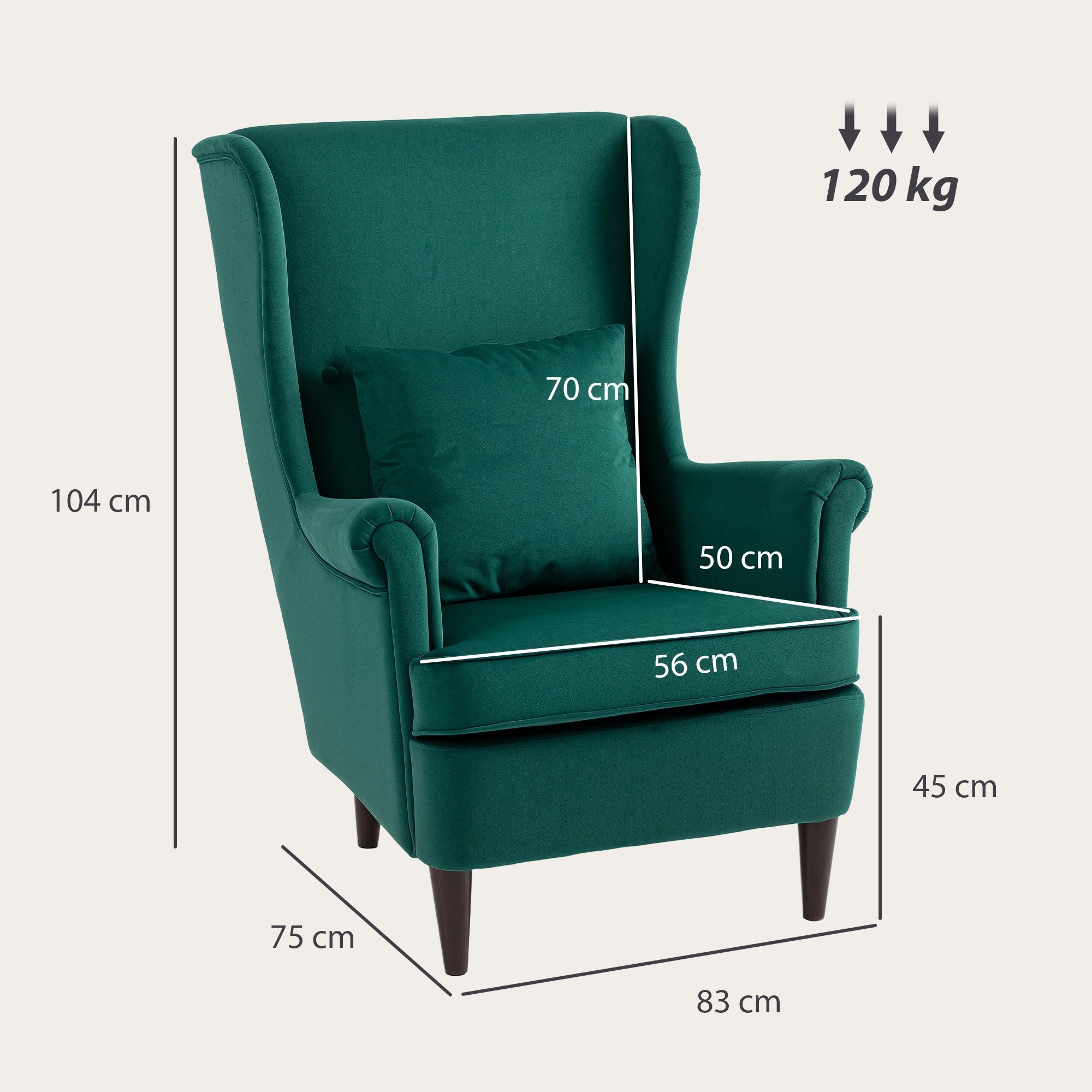 Deep emerald green velvet wingback armchair with high wingback design, washable pillow cover, and solid wood legs