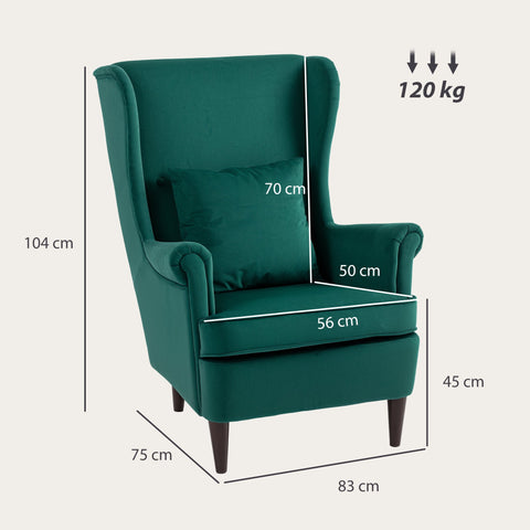 Deep emerald green velvet wingback armchair with high wingback design, washable pillow cover, and solid wood legs