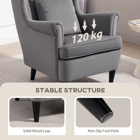 Gray velvet homcom modern accent chair with high wingback design washable pillow cover and solid wood legs