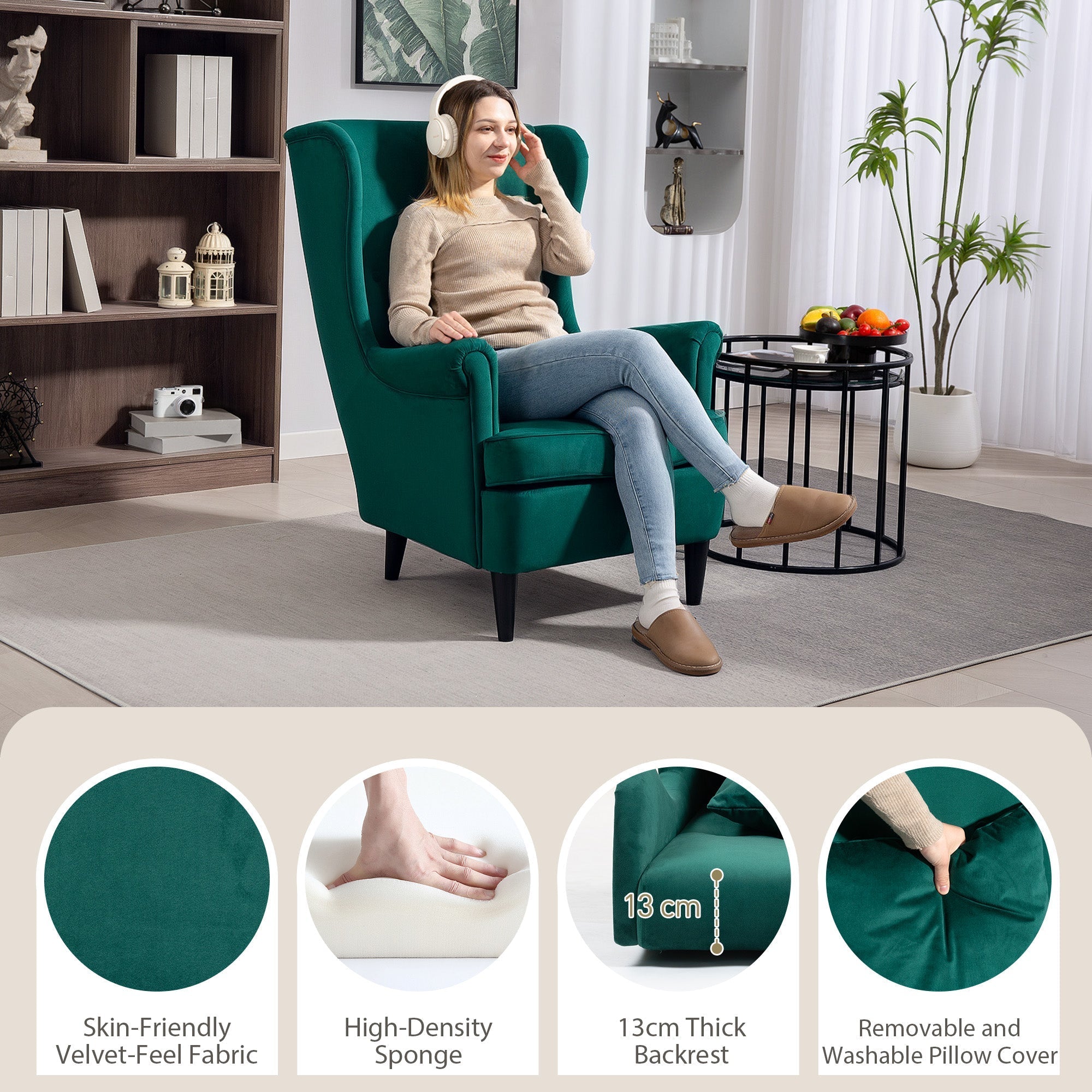 Emerald green velvet-feel homcom modern accent chair with high wingback design, solid wood legs, and washable pillow cover