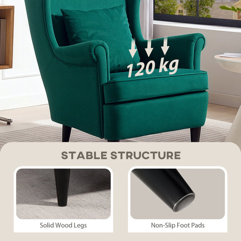 Emerald green velvet homcom modern accent chair with high wingback design washable pillow cover and solid wood legs