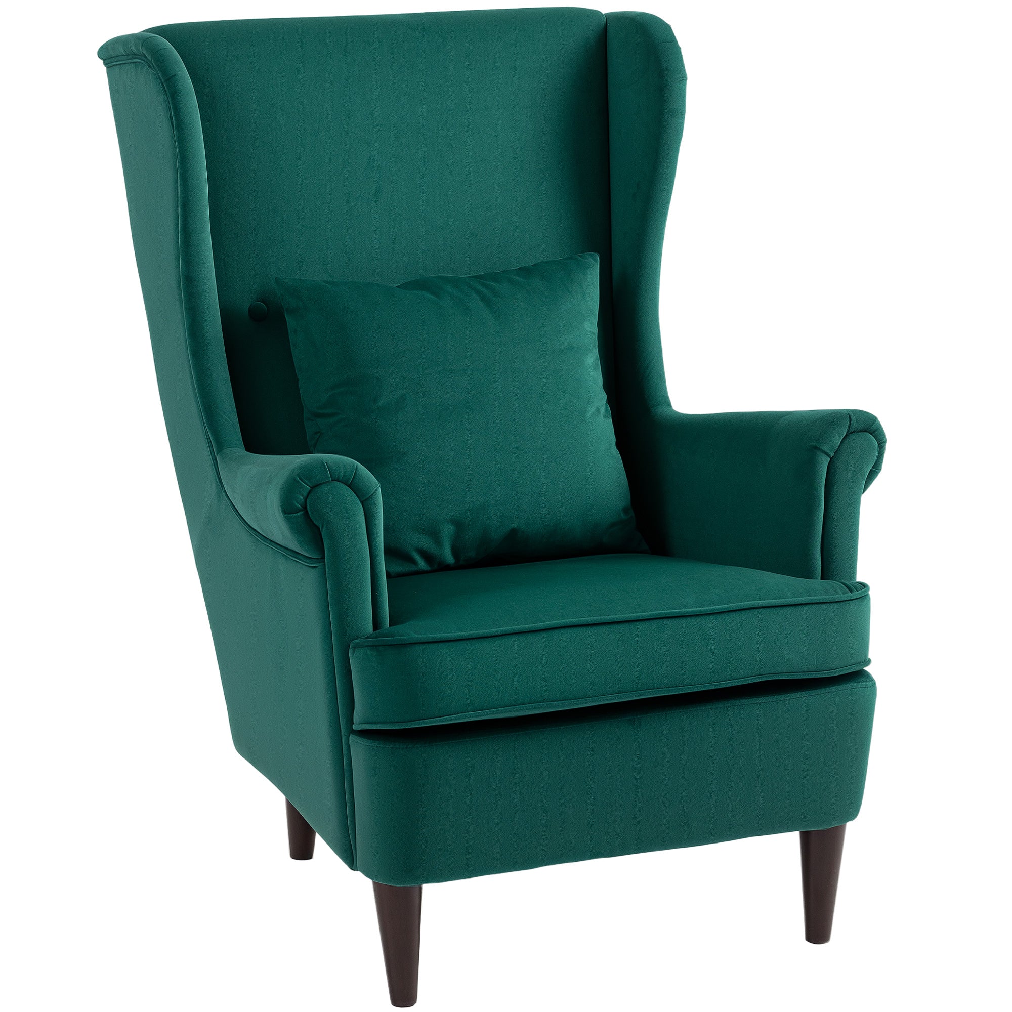 Emerald green velvet wingback armchair with high wingback design, washable pillow cover, and solid wood legs for living room