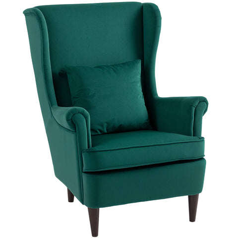 Emerald green velvet wingback armchair with high wingback design, washable pillow cover, and solid wood legs for living room