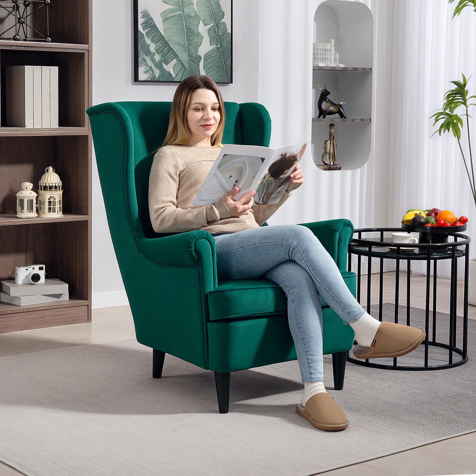 Emerald green velvet wingback armchair with high wingback design, washable pillow cover, and solid wood legs