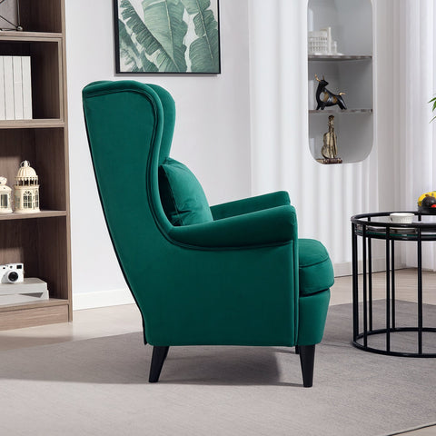 Emerald green velvet wingback armchair with high wingback design, washable pillow cover, and solid wood legs for living room