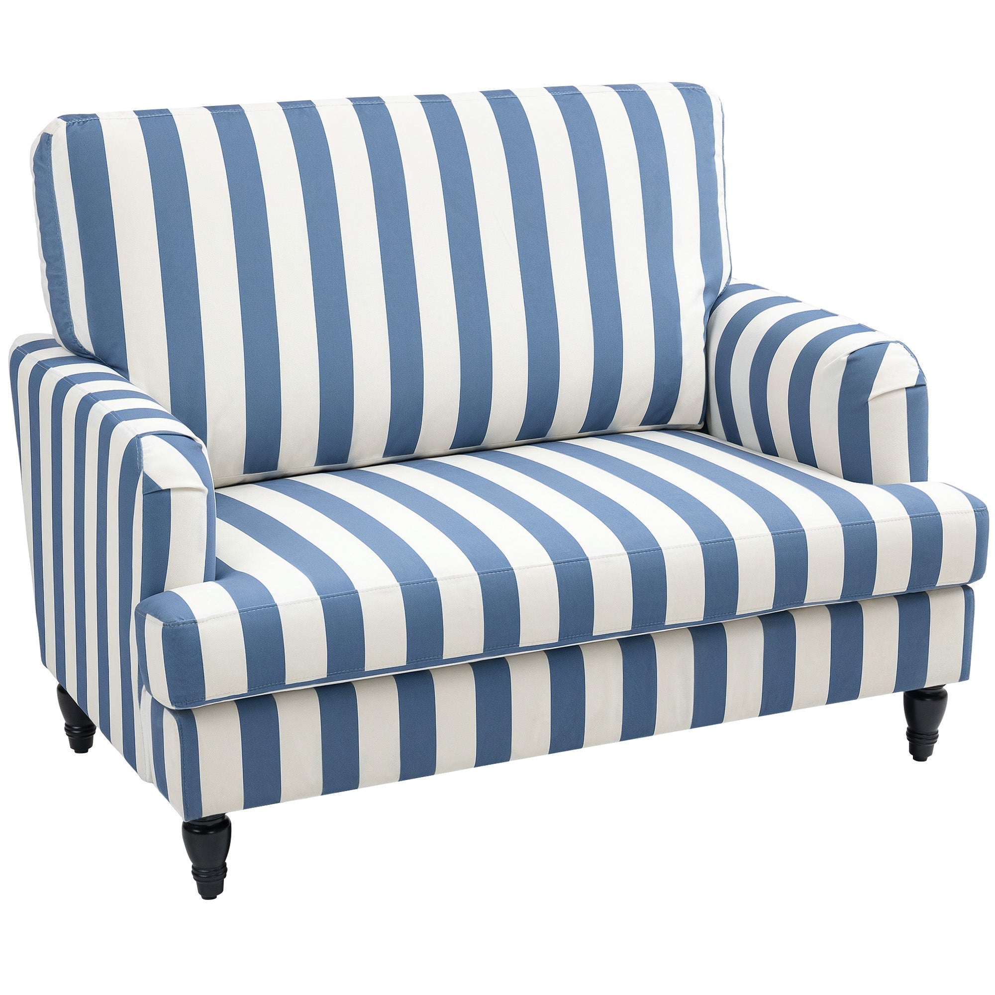 Blue and white striped velvet snuggle chair with high-density sponge and turned legs for living room or bedroom
