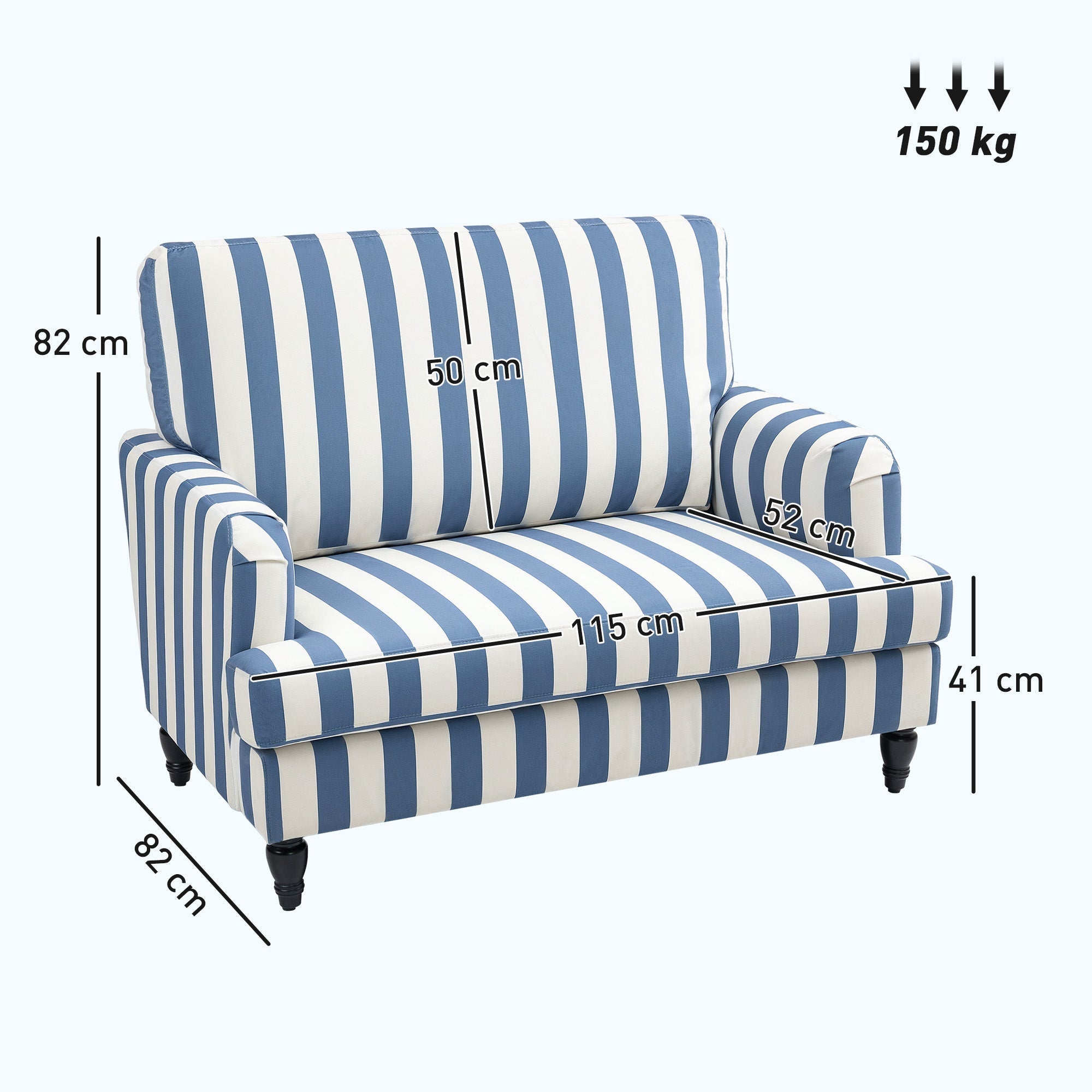 Blue and white striped two-seater velvet snuggle chair with tufted upholstery and turned legs for living room