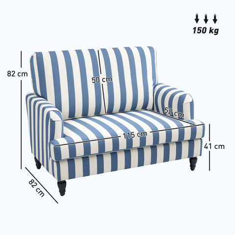 Blue and white striped two-seater velvet snuggle chair with tufted upholstery and turned legs for living room