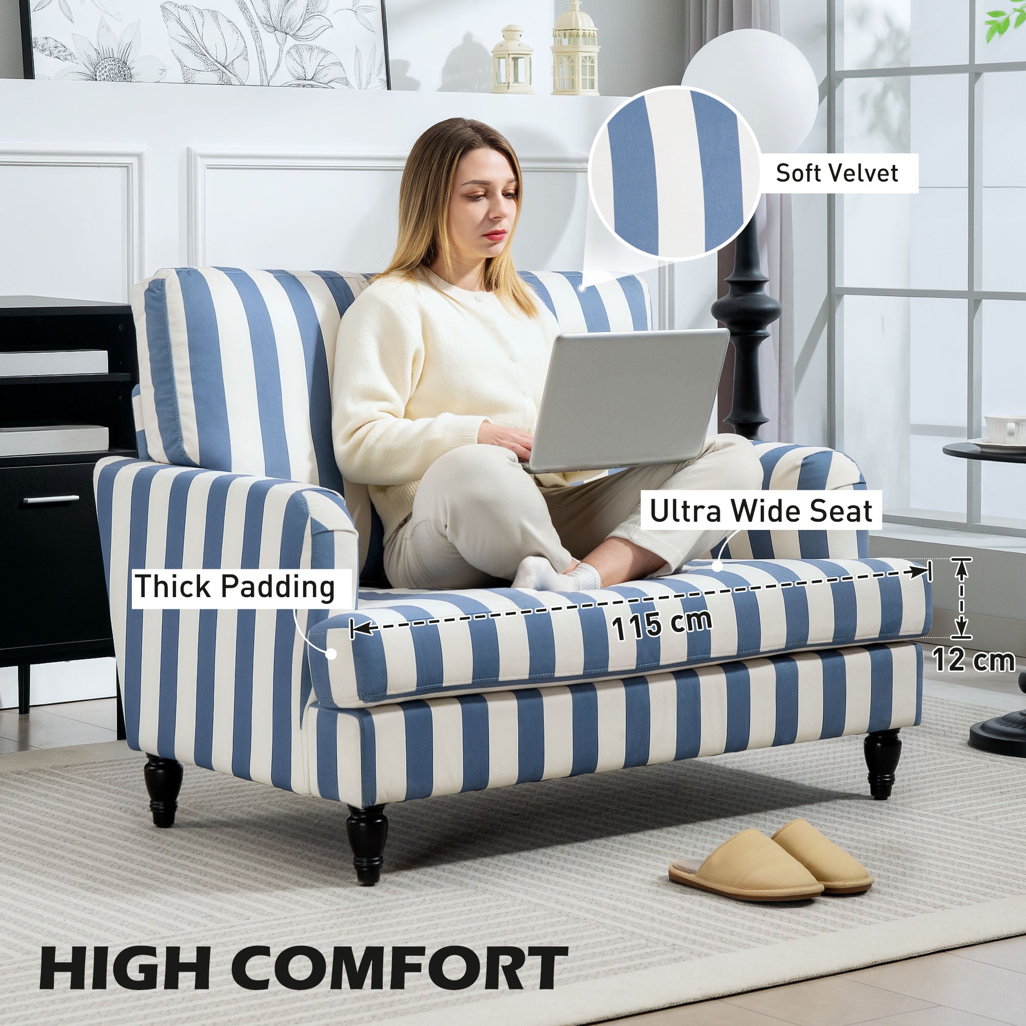 Blue and white striped velvet snuggle chair with turned legs and high-density sponge for living room or bedroom