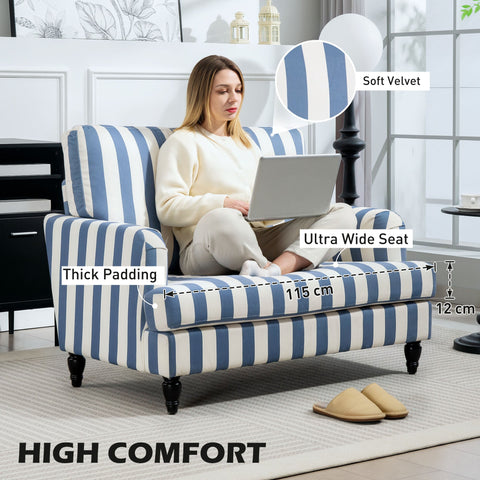 Blue and white striped velvet snuggle chair with turned legs and high-density sponge for living room or bedroom