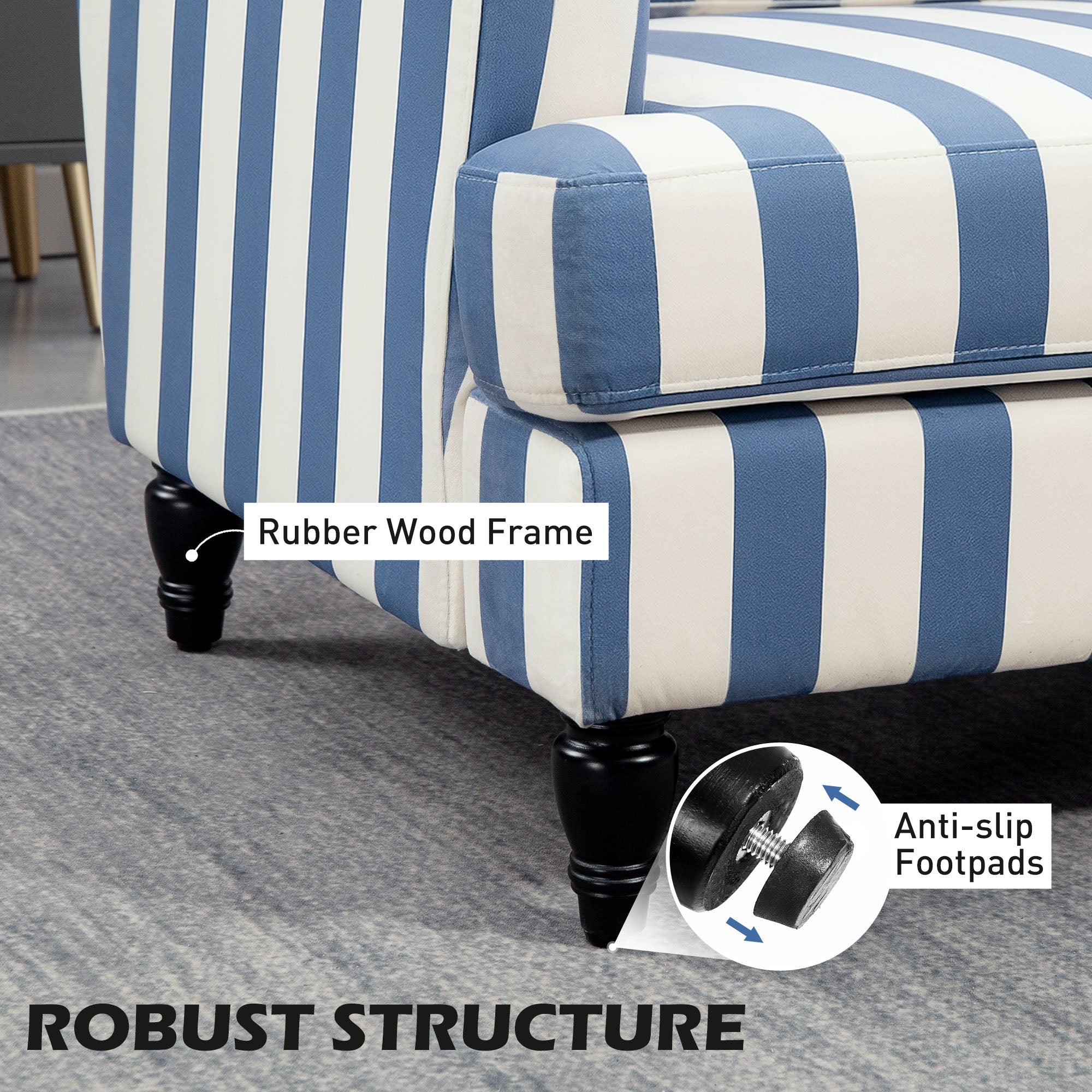 Homcom modern accent snuggle chair with blue and white stripes, rubber wood frame, high-density sponge, and turned legs