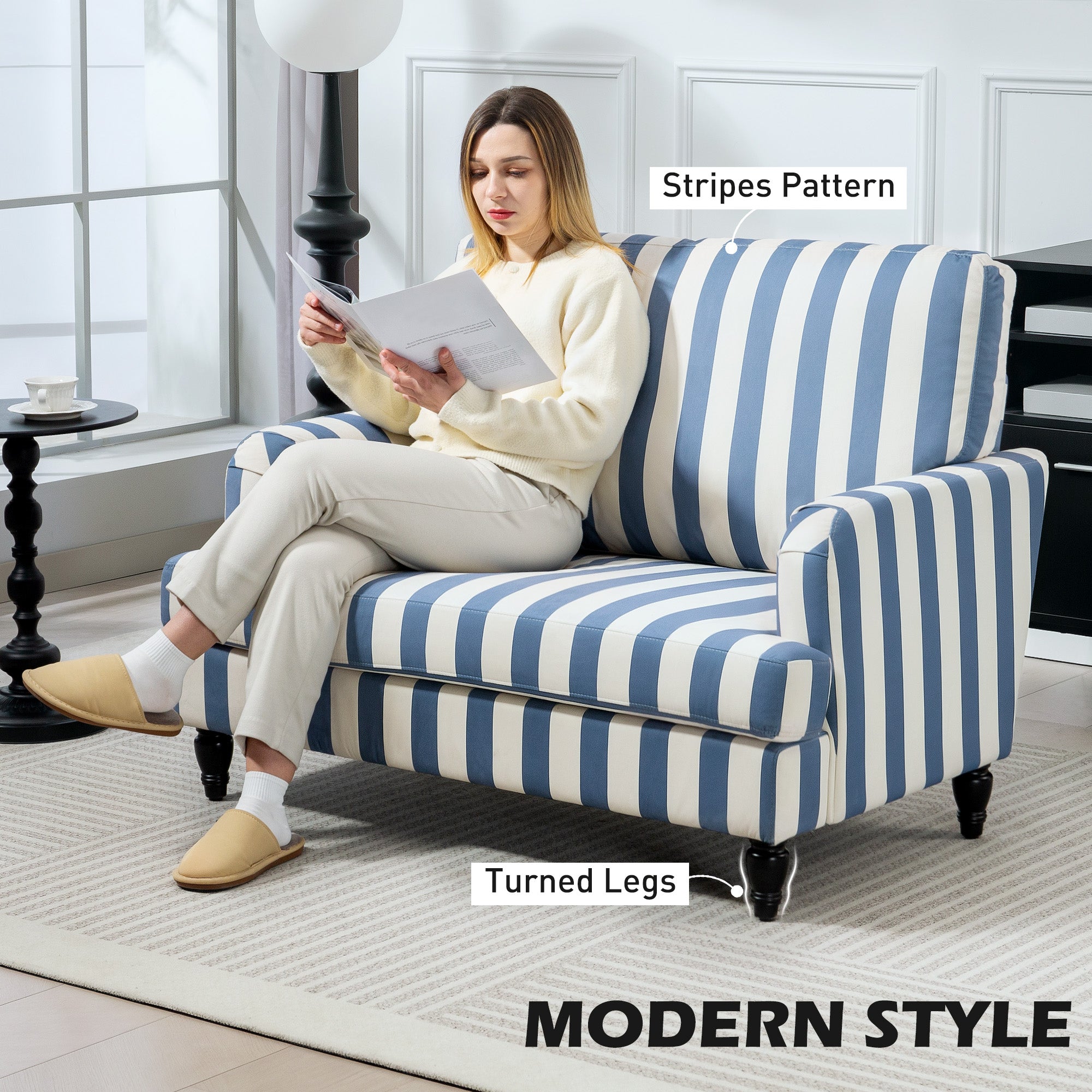Blue and white striped velvet snuggle chair with turned legs and high-density sponge for cozy living room seating