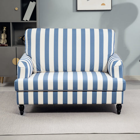Blue and white striped velvet snuggle chair with rolled arms high-density sponge and turned legs for living room