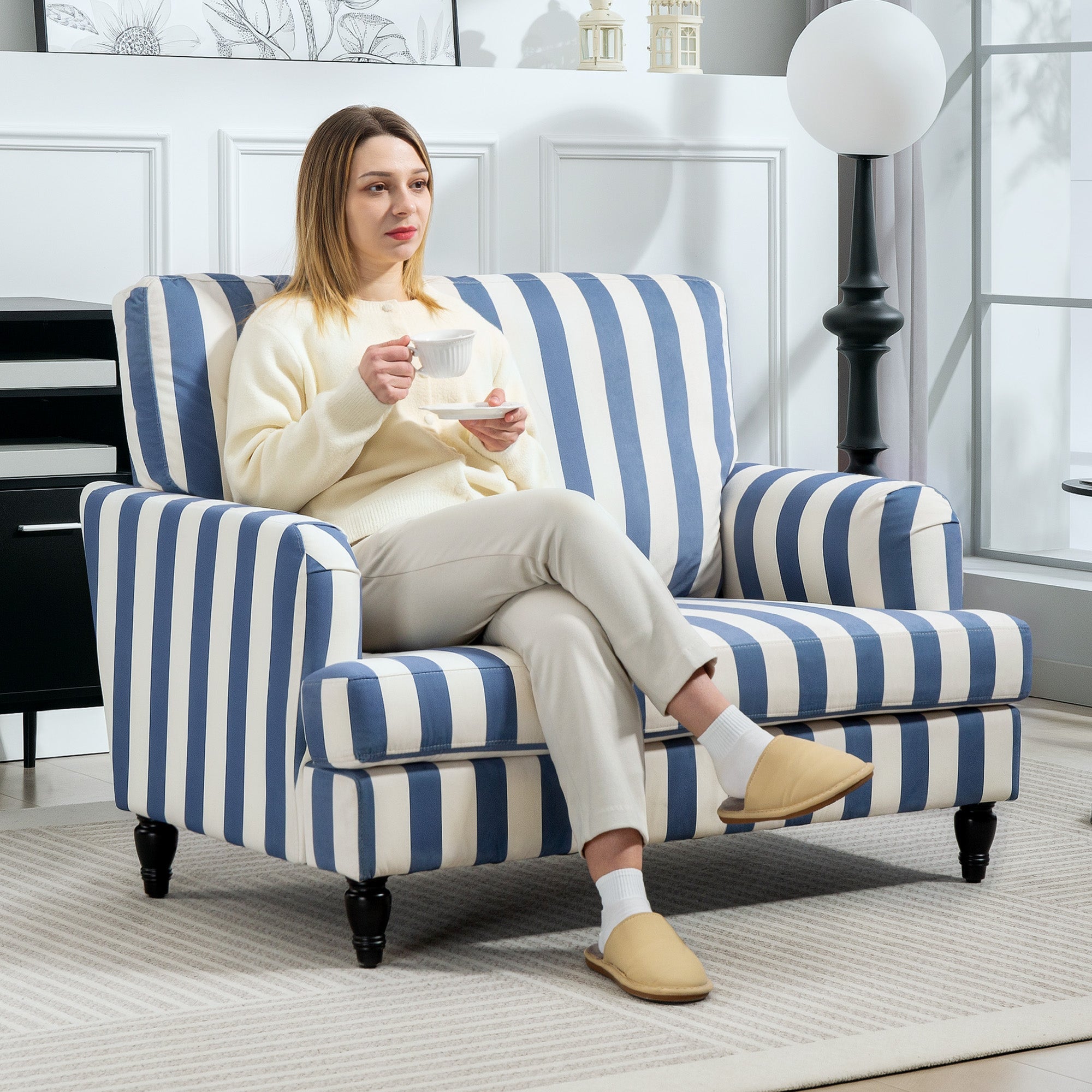 Blue and white striped velvet snuggle chair with turned legs and high-density sponge for living room comfort