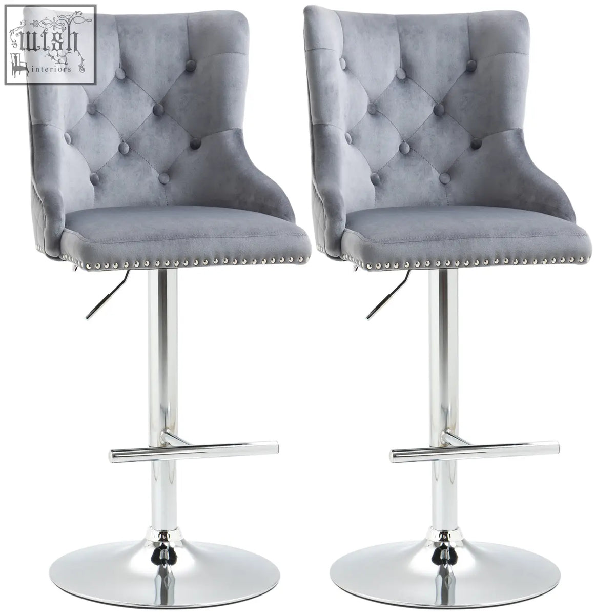 Gray velvet bar stools with button tufting chrome bases nailhead trim and swivel feature for home bar seating