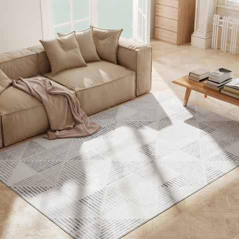 Modern geometric pattern area rug in white and gray with non-slip soft material for living room and bedroom