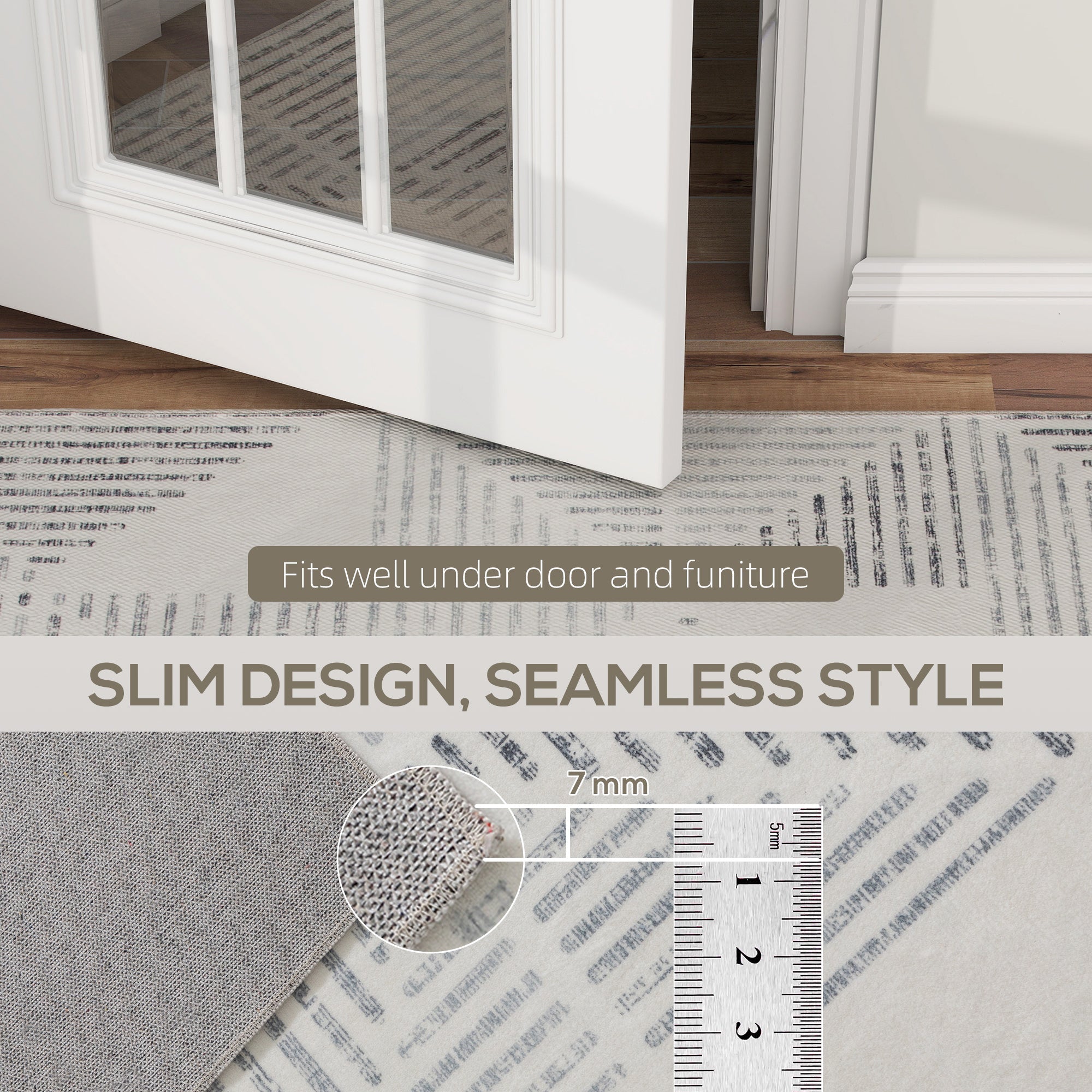 Slim seamless grey area rug with subtle geometric pattern designed for under doors and furniture use