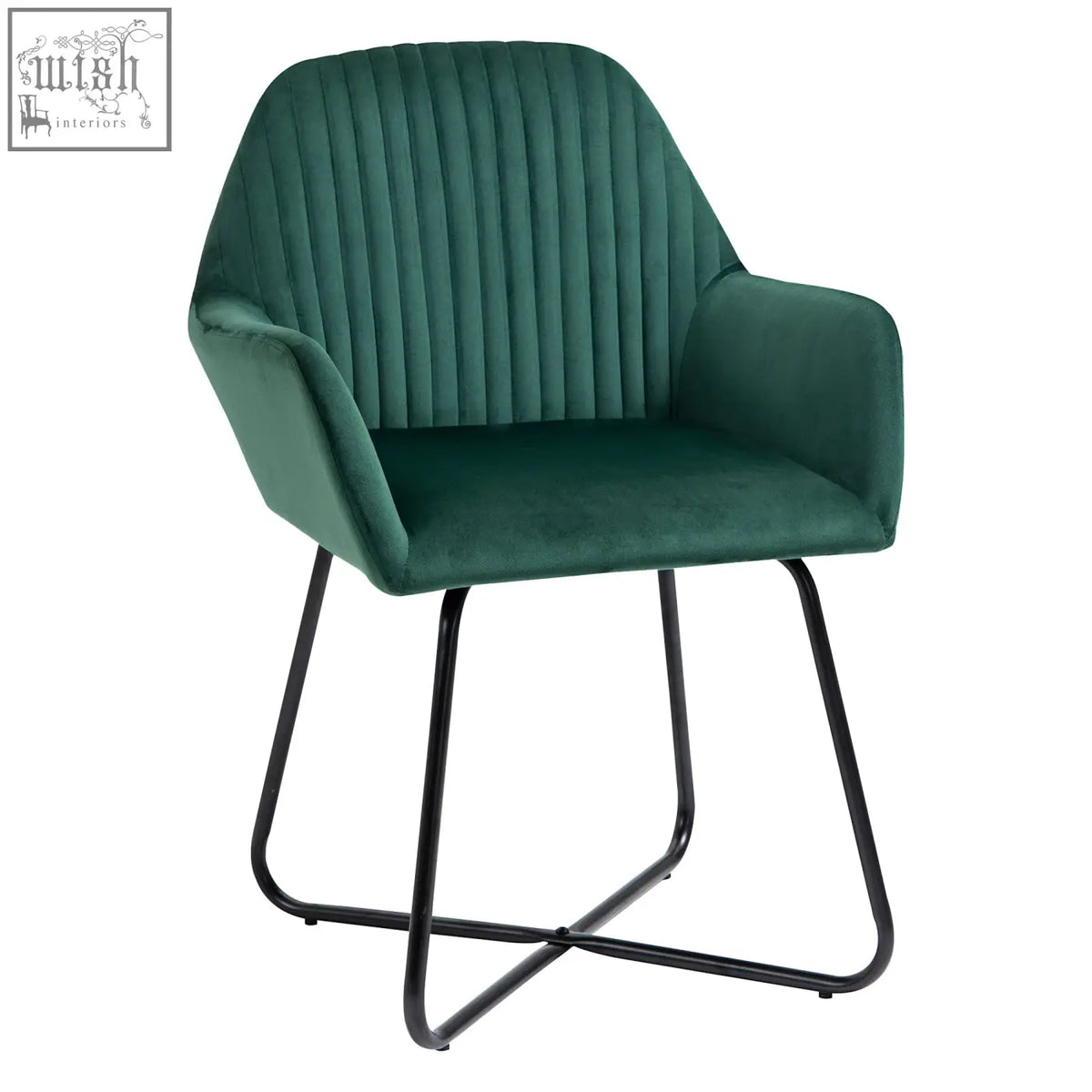 Emerald green velvet-feel upholstered armchair with ribbed back and sleek black metal base for living room use