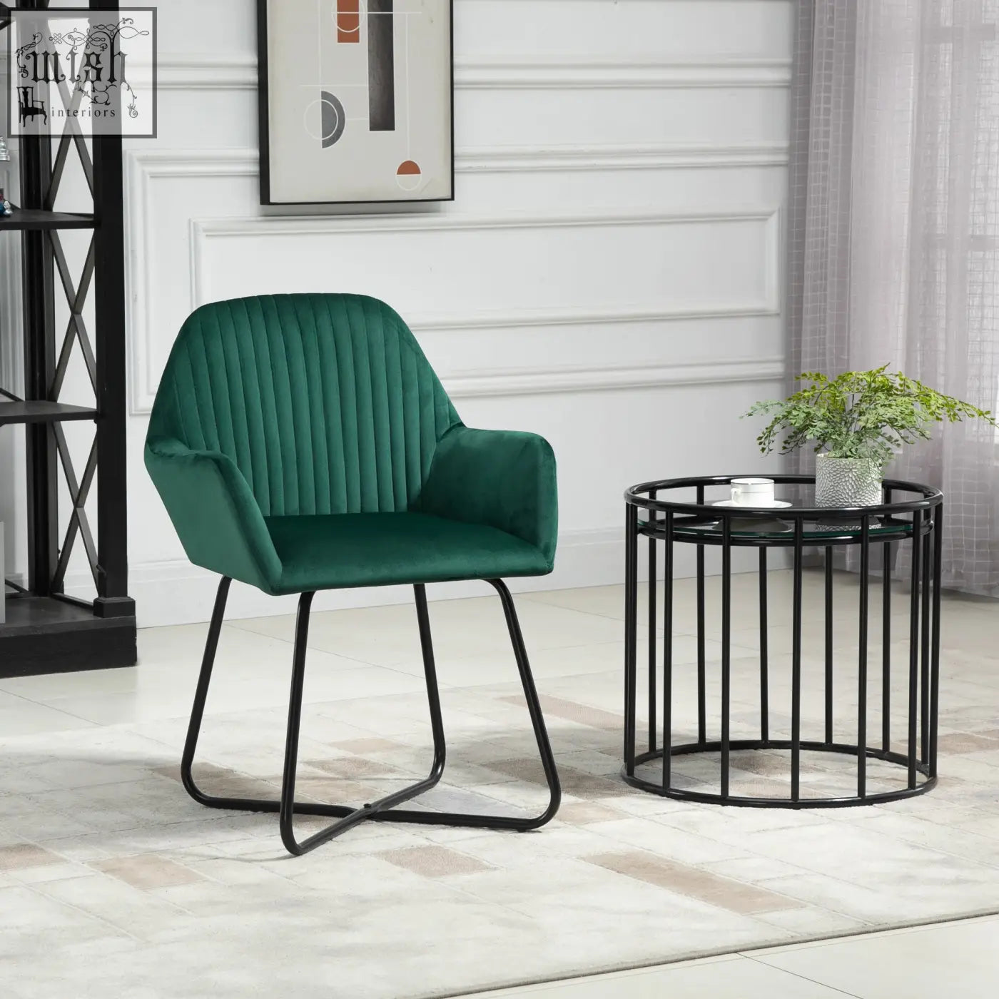 Emerald green velvet-feel upholstery accent chair with ribbed back and sleek metal base for modern living room use