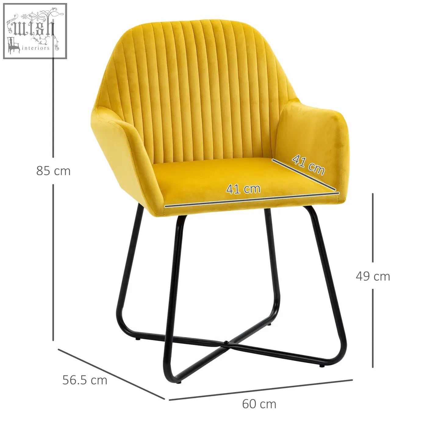 A vibrant yellow velvet-feel upholstery armchair with a ribbed back and black metal base for living room use