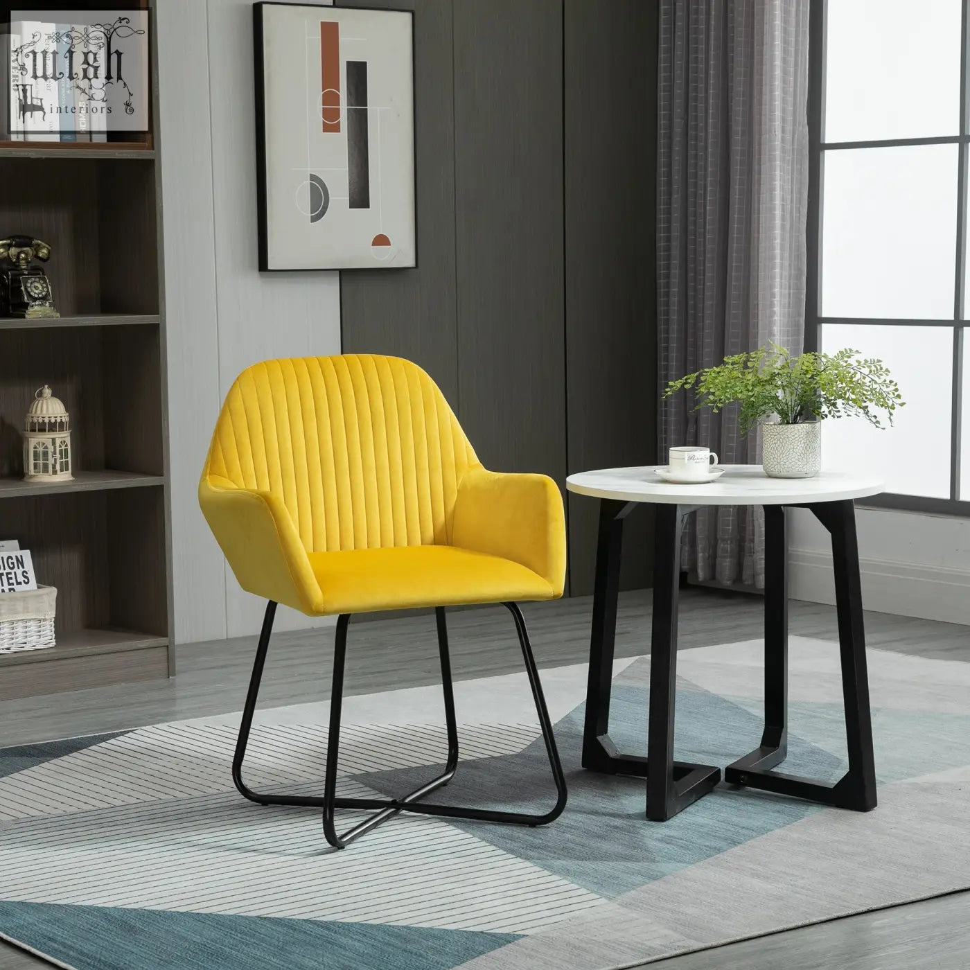 Bright yellow modern armchair with velvet-feel upholstery and black metal base perfect for living room accents