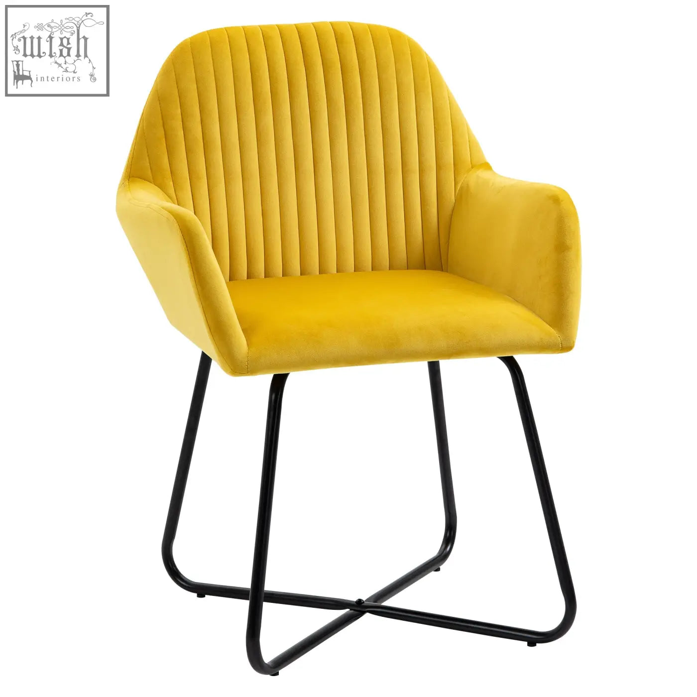 A vibrant yellow velvet-feel upholstered armchair with ribbed back and metal base perfect for living room seating