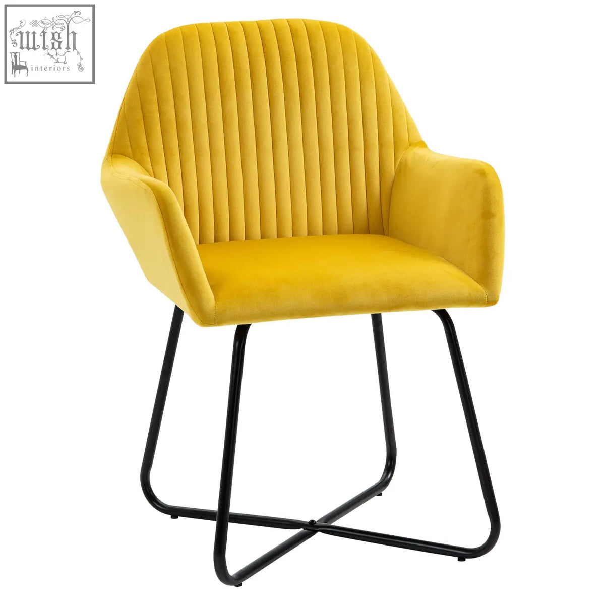 A vibrant yellow velvet-feel upholstered armchair with ribbed back and metal base perfect for living room seating