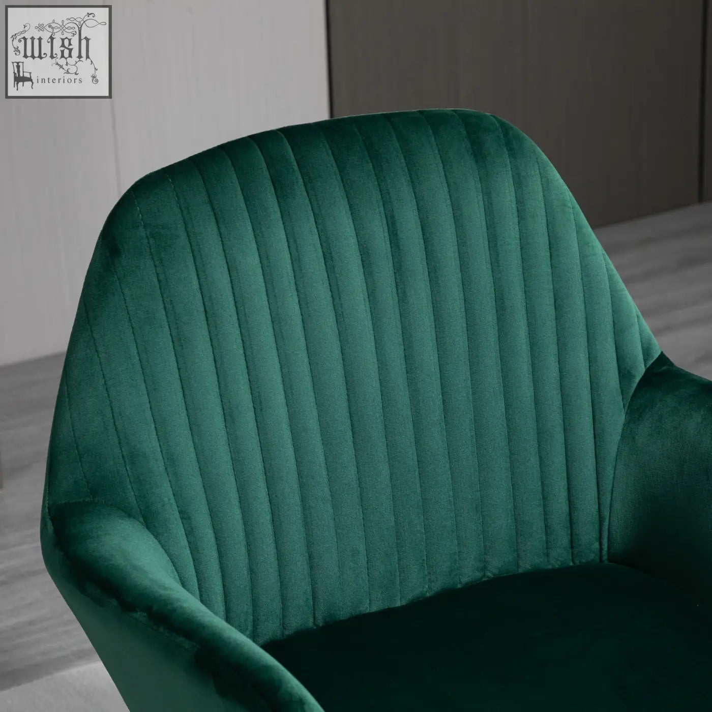 Emerald green velvet-feel upholstery arm chair with vertical pleats and metal base for living room use