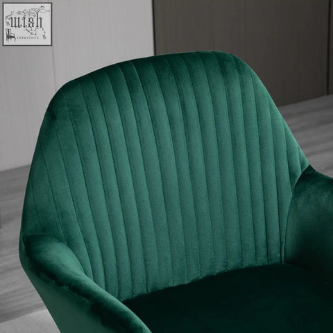 Emerald green velvet-feel upholstery arm chair with vertical pleats and metal base for living room use
