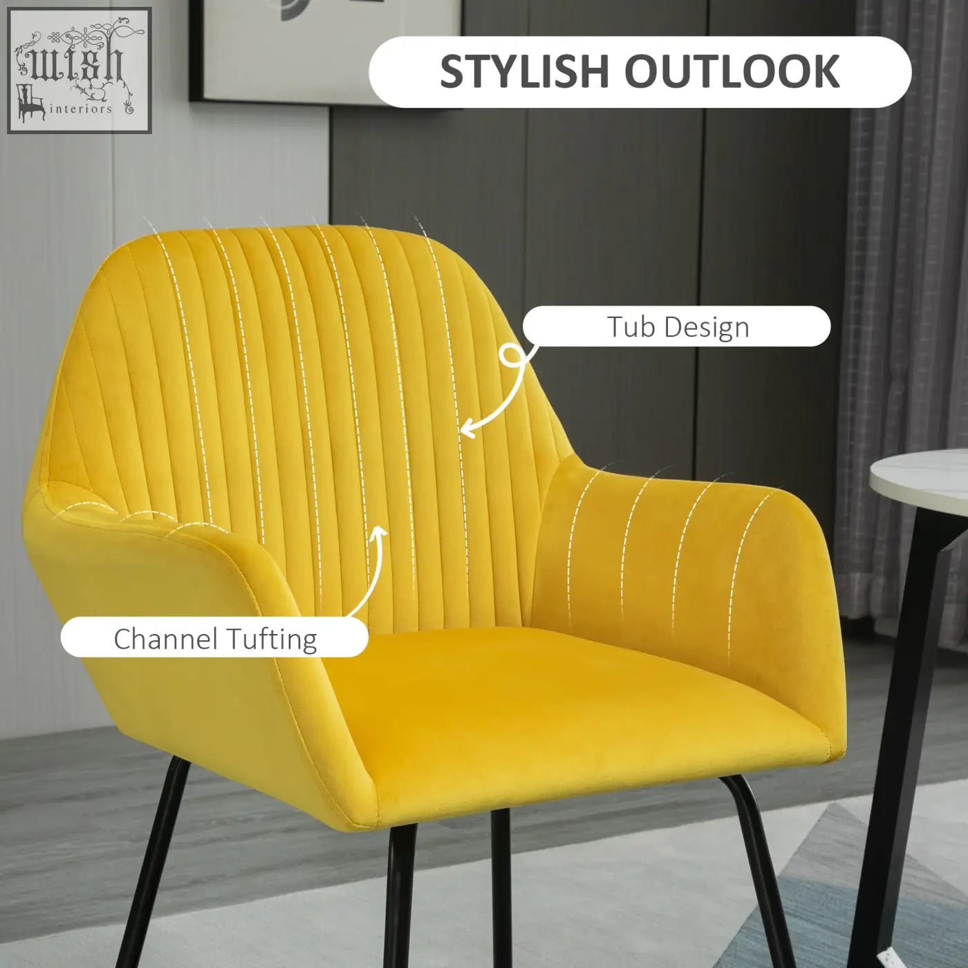 Bright yellow velvet-feel upholstered armchair with tub design and metal base perfect for living room seating