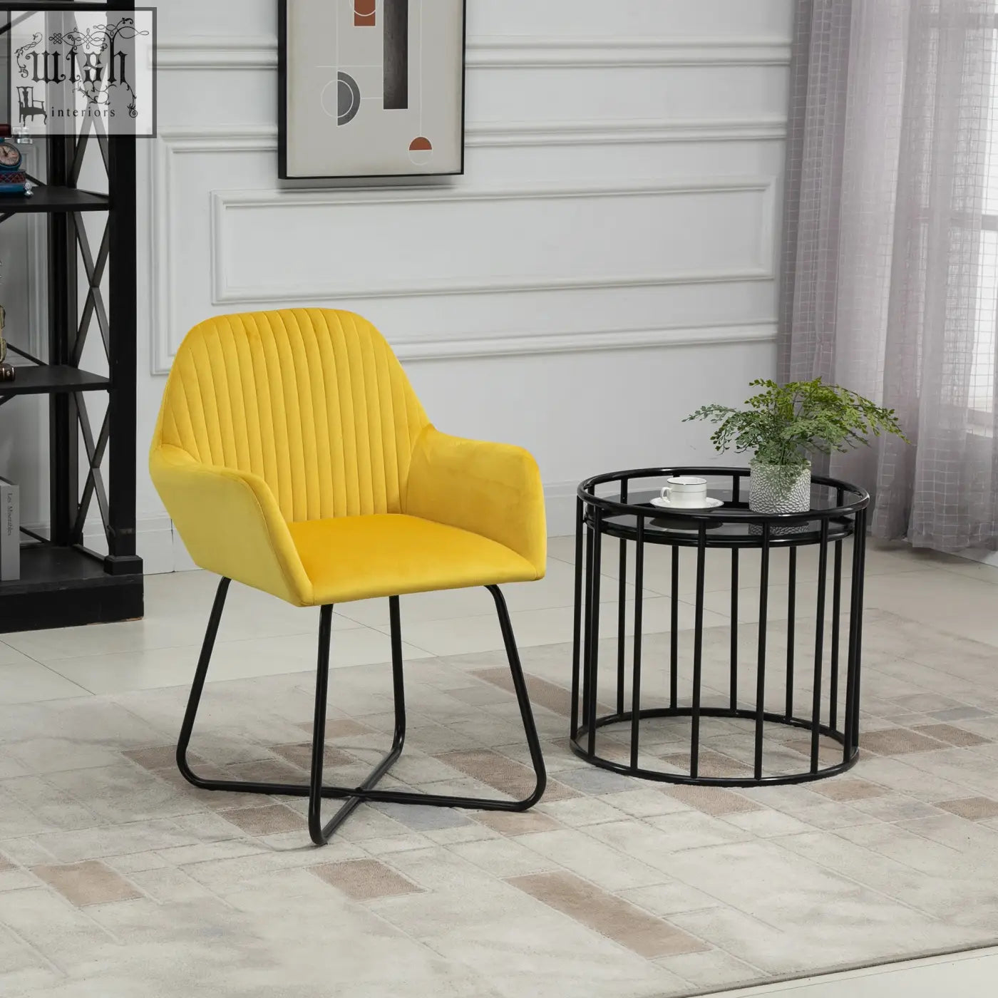 Vibrant yellow velvet-feel upholstered armchair with ribbed back and black metal base for living room use