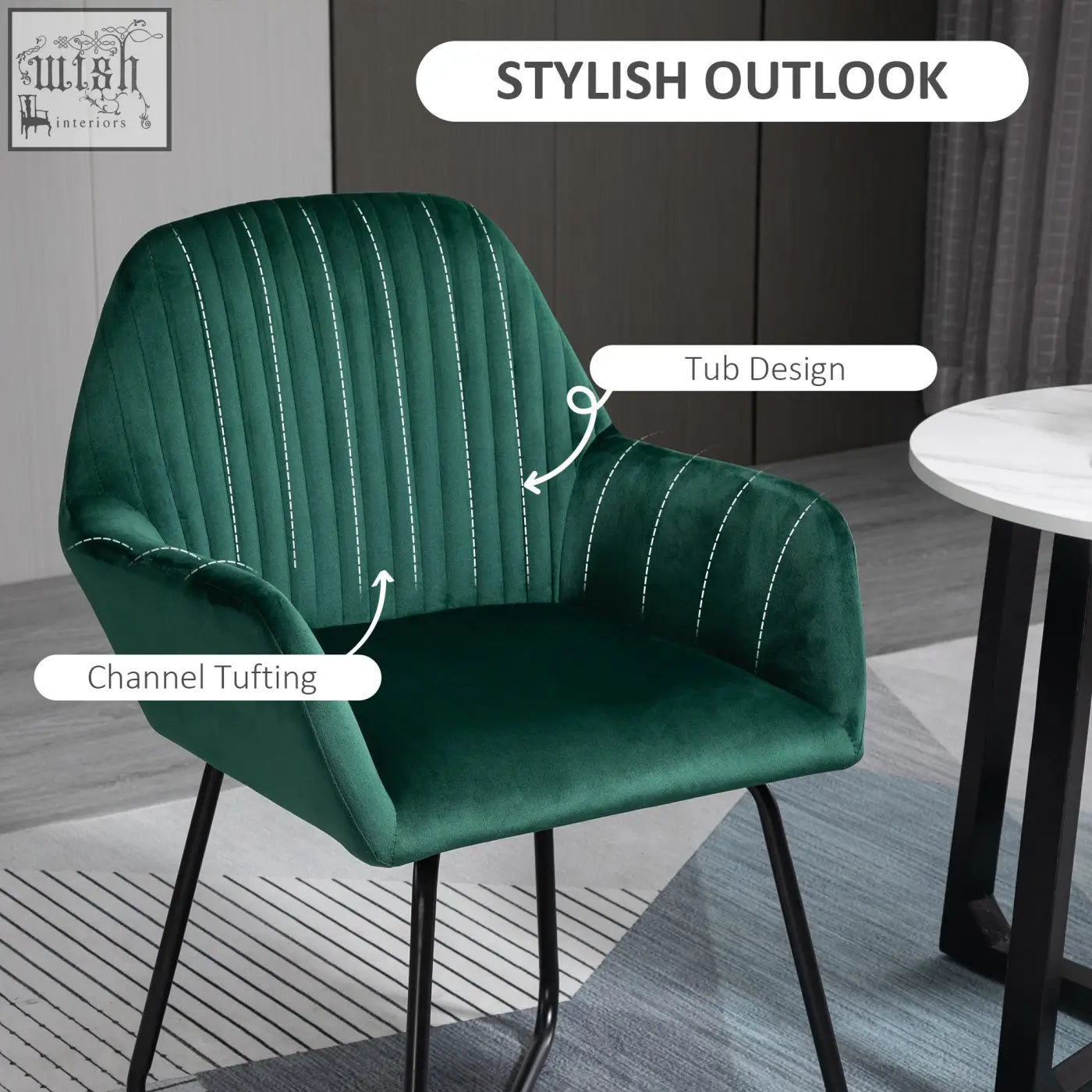 Emerald green velvet-feel upholstered accent chair with channel tufting tub design and metal base for living room