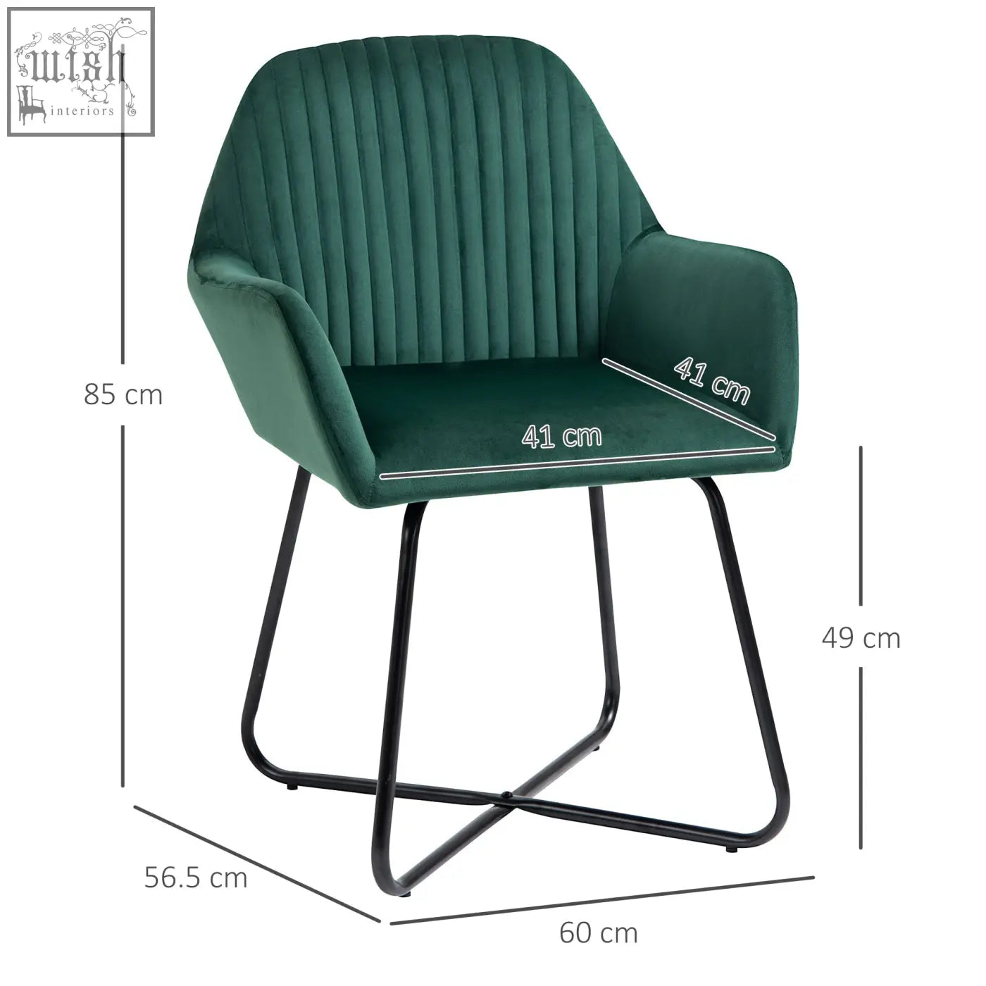 Dark green velvet-feel upholstered armchair with ribbed back and black metal base for living room use
