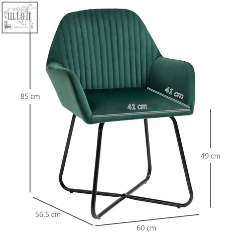 Dark green velvet-feel upholstered armchair with ribbed back and black metal base for living room use