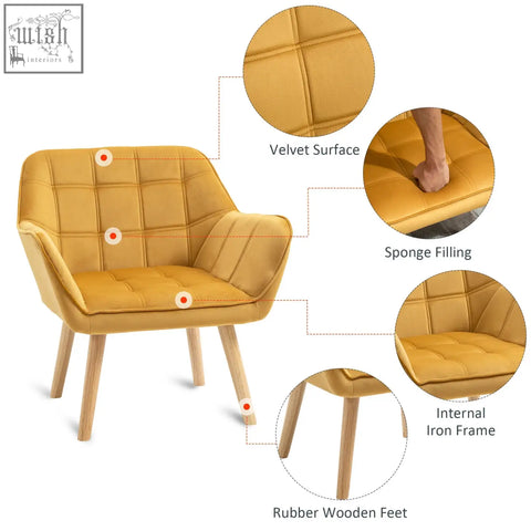 Homcom modern armchair in mustard yellow velvet-feel upholstery with wide arms and rubber wood legs for living room