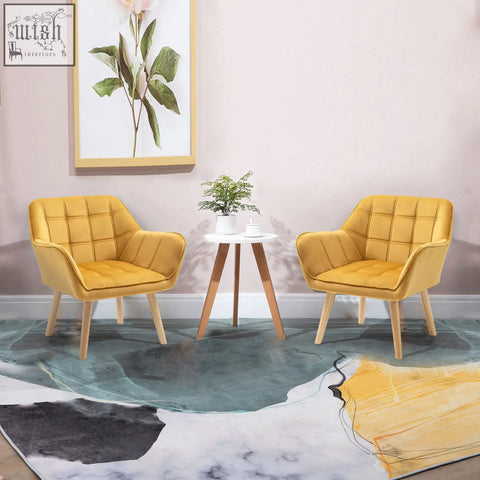 Two mustard-yellow tufted homcom armchairs with velvet-feel upholstery wide arms and rubber wood legs for living room