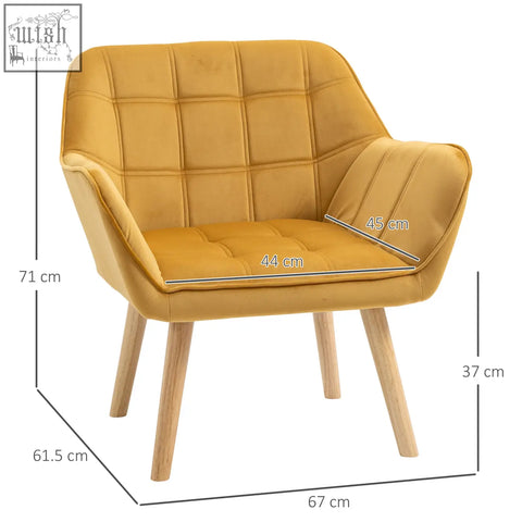 Mustard yellow velvet-feel upholstery armchair with wide arms and rubber wood legs for living room or office use