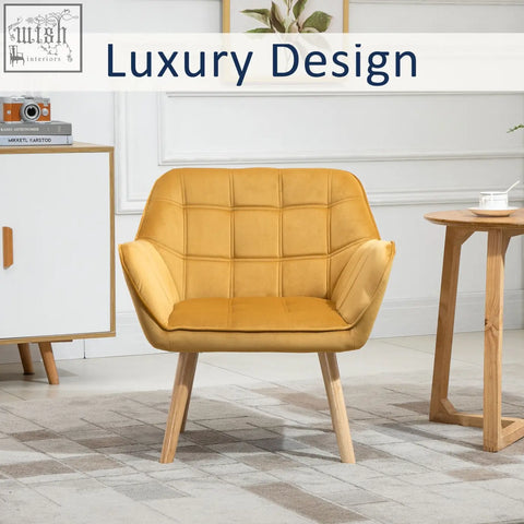 Mustard yellow homcom modern armchair with velvet-feel upholstery wide arms and rubber wood legs for living room use